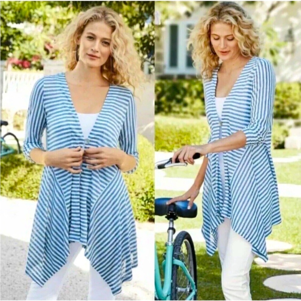 Soft Surroundings Linen Cascadian Blue and White Striped Cardigan